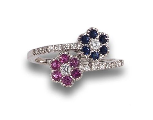 SORTIJA TÚ Y YO YANES DE FLORES DE RUBÍES Y ZAFIROS CON DIA