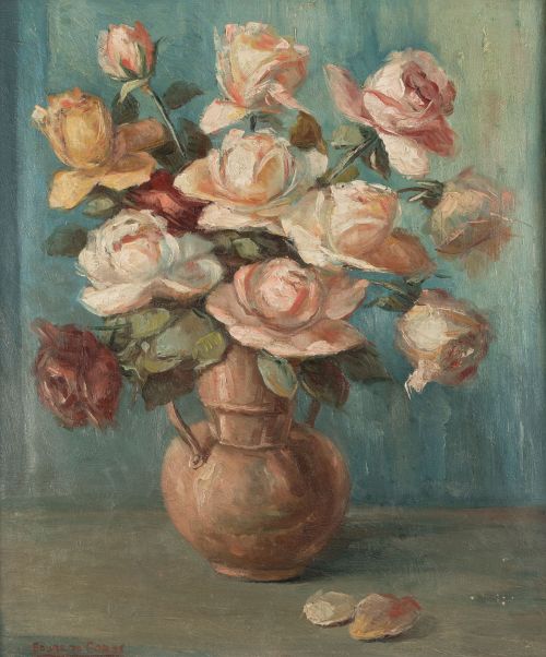 EDUARDO COBOS, "Jarrón con rosas", Óleo sobre lienzo.