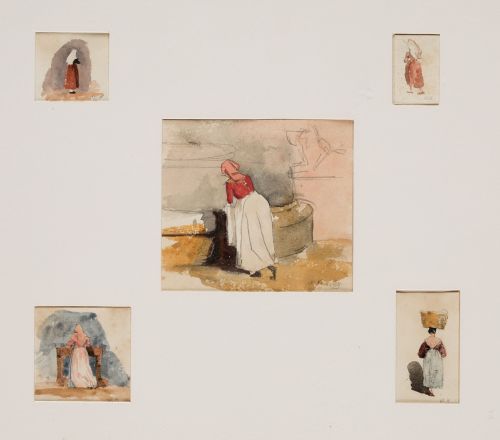 WILLIAM HEMSLEY, "Estudios de campesinas", Acuarela y grafi