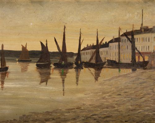ANÓNIMO, "Barcas de vela al atardecer", Óleo sobre tabla