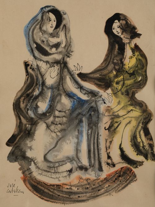 JOSÉ CABALLERO, "Dos mujeres", Tinta y acuarela sobre papel