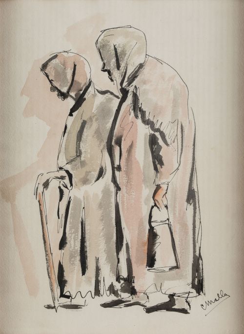 CRISTINO MALLO, "Dos ancianas", Tintas sobre papel 
