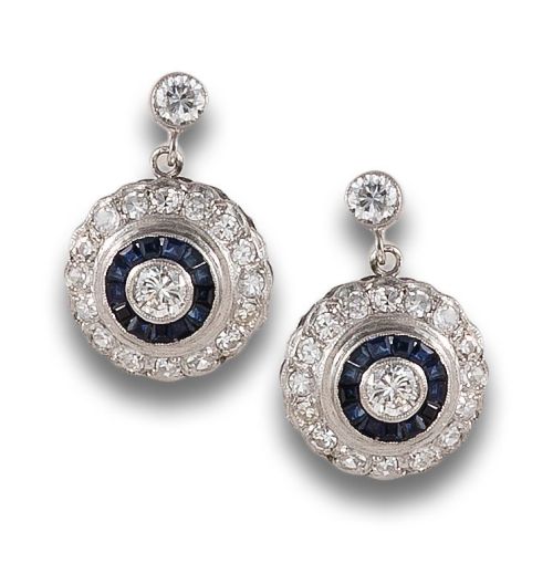 PENDIENTES COLGANTES OJO DE PERDIZ DE DIAMANTES Y ZAFIROS,