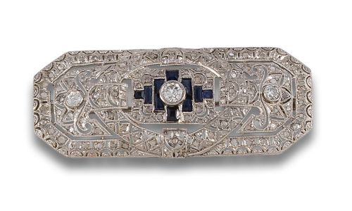 ART DECO STYLE PLATE BROOCH WITH SYNTHETIC SAPPHIRES AND DI