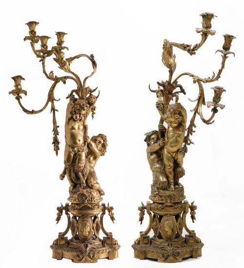 Pareja de candelabros de bronce dorado, Napoleón III, Franc