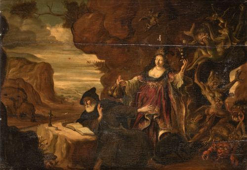 ESCUELA FLAMENCA , "Tentaciones de san Antonio Abad", Óleo