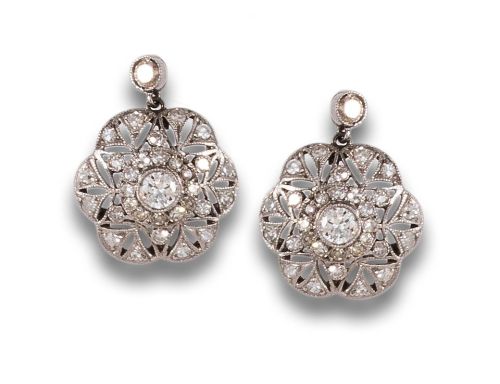 PENDIENTES ROSETAS COLGANTES, ESTILO ANTIGUO, DE DIAMANTES,
