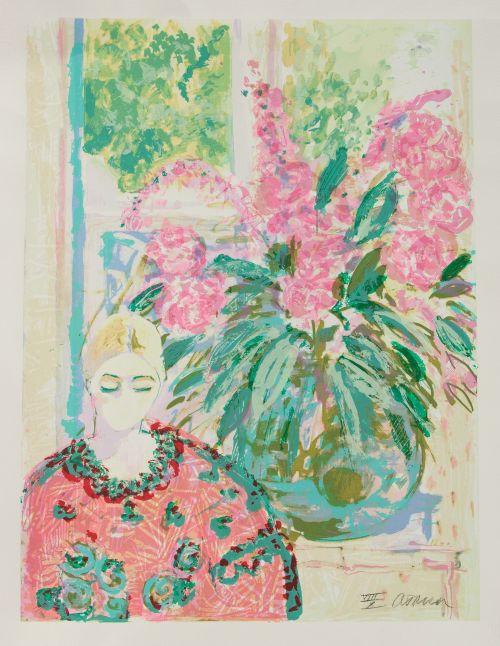 ANDREA TANA, "Dama en jardín", Litografía sobre papel