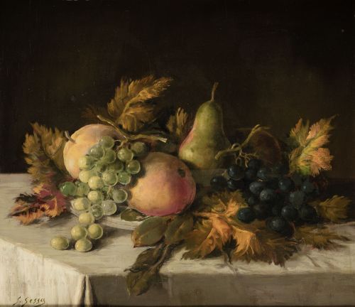 SEBASTIÁN  GESSA, "Bodegón de frutas", Óleo sobre tablex.