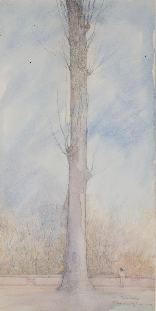 CLARA GANGUTIA, "Niña en paisaje", 2000, Acuarela y lápiz s