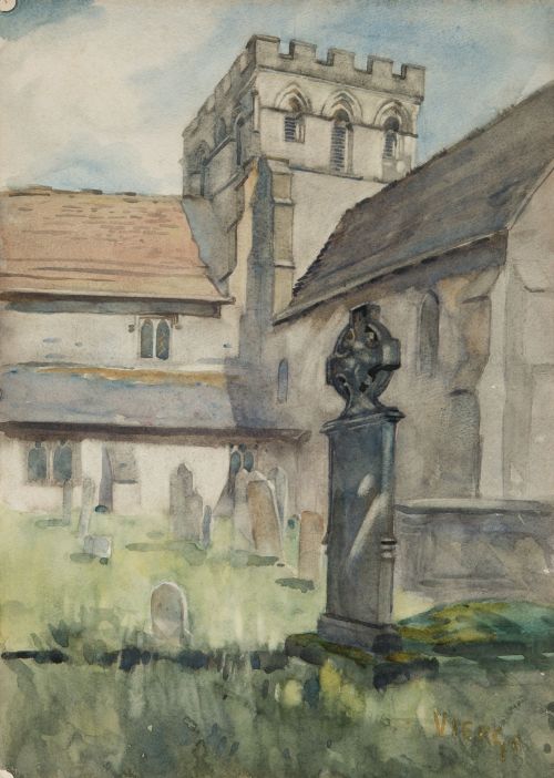 DANIEL URRABIETA VIERGE, "Cementerio", Acuarela sobre papel