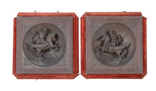 Pareja de relieves de metal con pátina de bronce, S. XX