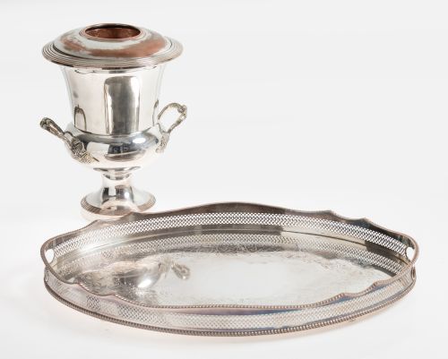 Enfriador de botellas y bandeja de cobre plateado, S. XX