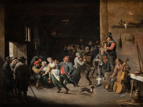 ABRAHAM TENIERS, "Baile en la taberna", Óleo sobre tabla.