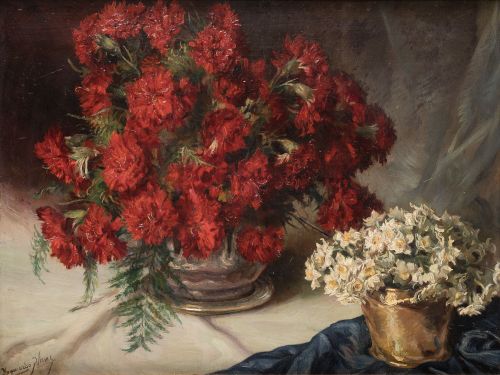 MARIANO  IZQUIERDO Y VIVAS, "Bodegón de flores con claveles