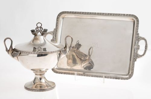Hallmarked silver Empire style soup tureen, Spain, 20th cen
