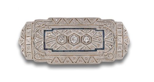 ART DECO STYLE PLATE BROOCH WITH SYNTHETIC SAPPHIRES AND DI