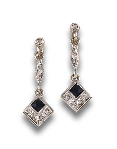 LONG ART DECO STYLE EARRINGS WITH SYNTHETIC SAPPHIRES AND D