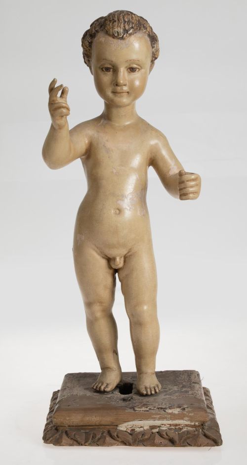 ESCUELA ESPAÑOLA, "Niño Jesús bendiciendo el mundo", Mader