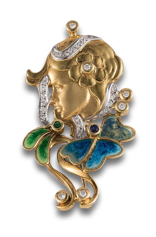 BROCHE, ESTILO MODERNISTA DE ORO Y ESMALTE CON DIAMANTES