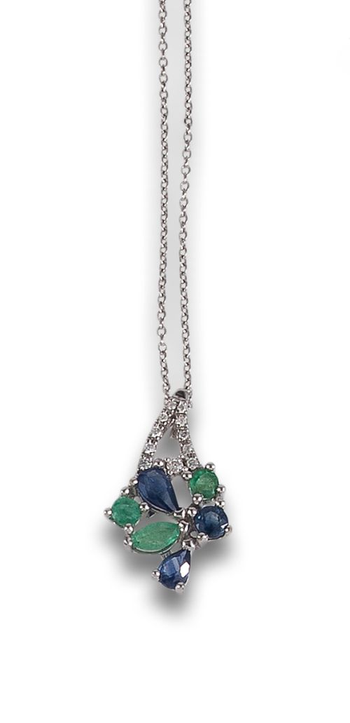 COLGANTE DE DIAMANTES, ESMERALDAS Y ZAFIROS, EN ORO BLANCO