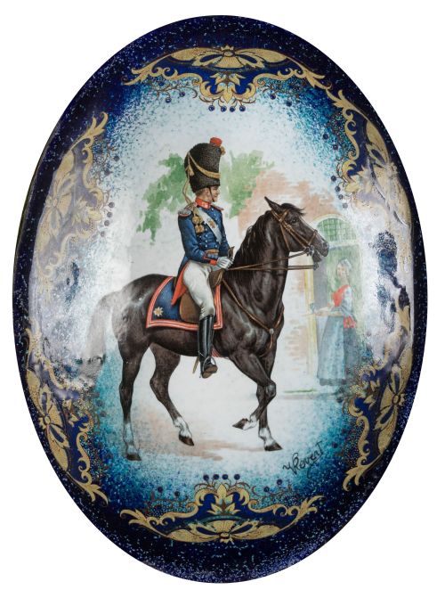 "Pareja de oficiales a caballo". Placas de esmaltes a fueg