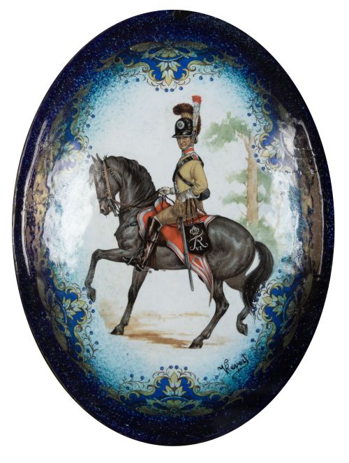 "Pareja de oficiales a caballo". Placas de esmaltes a fueg