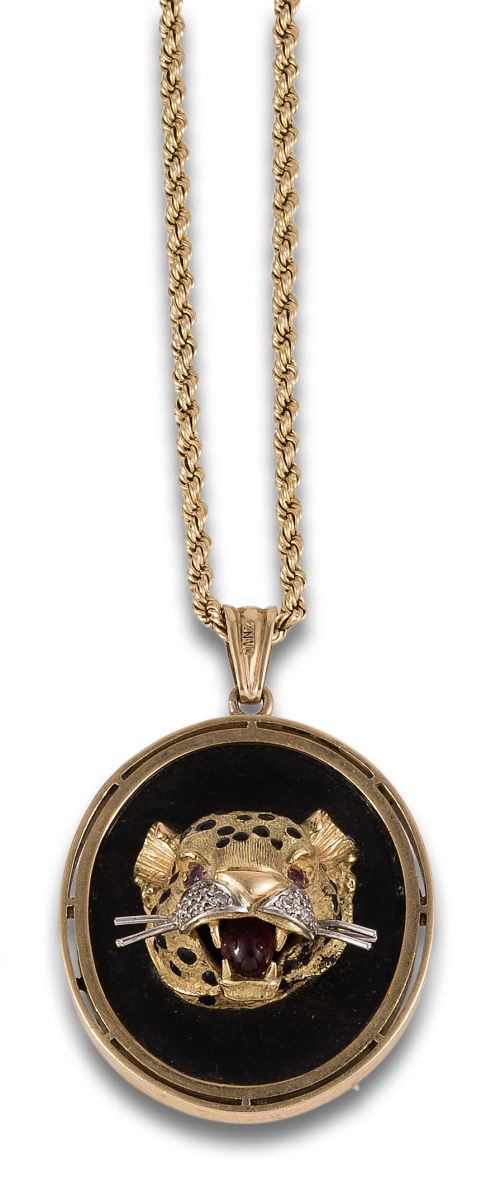 COLGANTE SANZ CON CABEZA DE LEOPARDO Y CORDÓN EN ORO