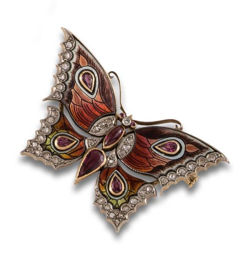 BROCHE MARIPOSA EN ORO Y PLATINO CON AMATISTAS, DIAMANTES Y