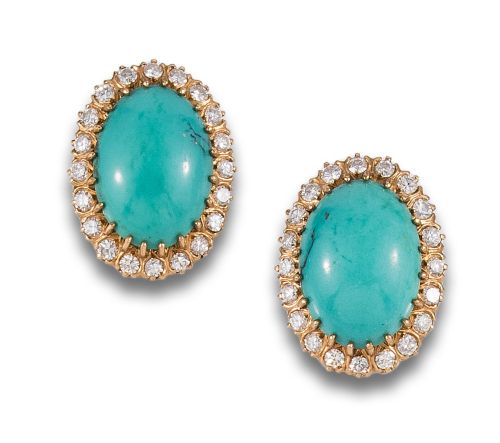 PENDIENTES DE DIAMANTES Y TURQUESAS EN ORO AMARILLO