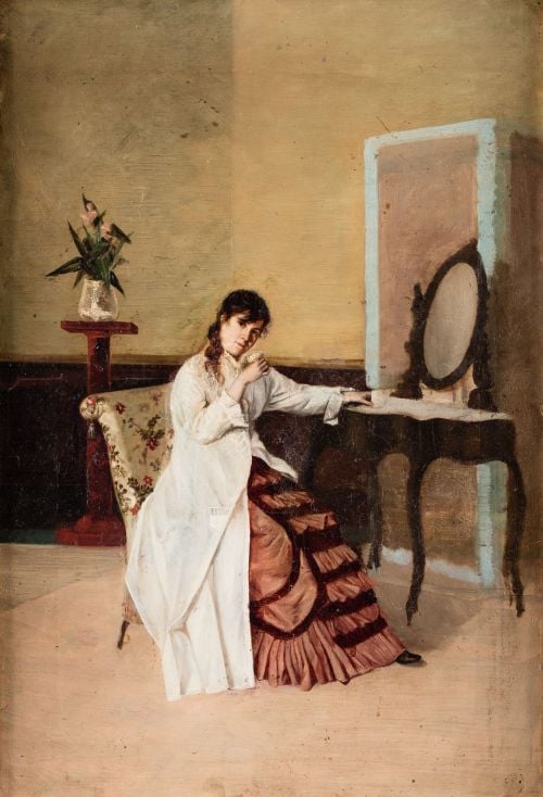 JOAQUÍN DE CARPI RUATA, "Mujer en el tocador", Óleo sobre l