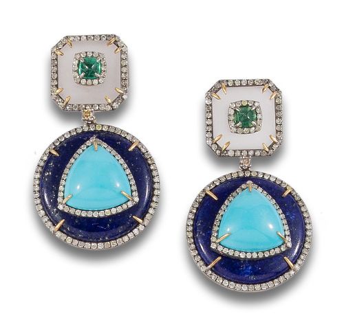 PENDIENTES LARGOS DE DIAMANTES, ESMERALDAS, TURQUESAS, LAPI