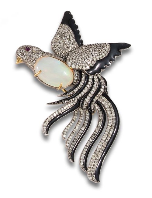 BROCHE AVE DEL PARAÍSOM DE DIAMANTES, ESMALTE, ÓPALO, ORO Y