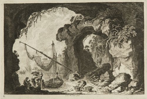 FRANZ EDMUND WEIROTTER, "Paisaje costero con gruta y pescad