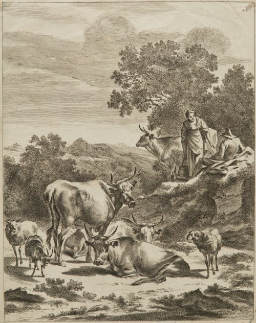 JAN DE VISSCHER, "Pastores y ganado", Aguafuerte sobre papel