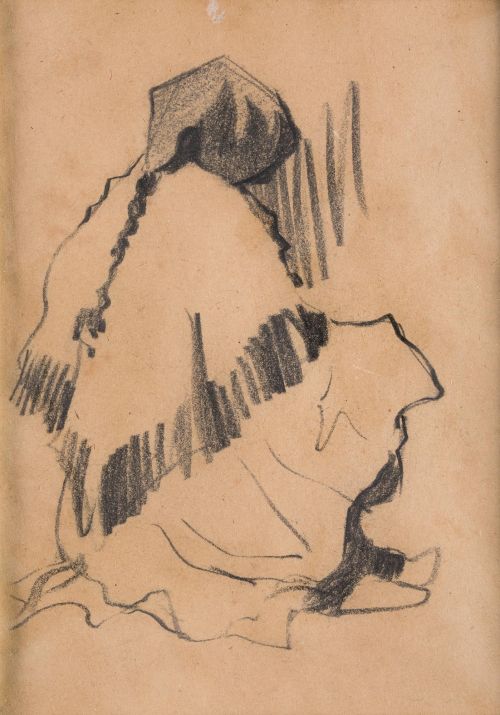 NARCÍS PUGET RIQUER, "Mujer ibicenca sentada", Carboncillo