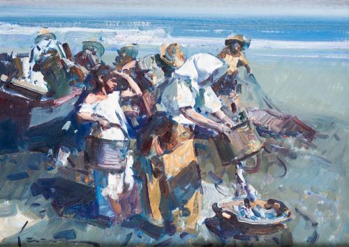 EUSTAQUIO SEGRELLES, "Pescadores de Valencia", 1997, Óleo s