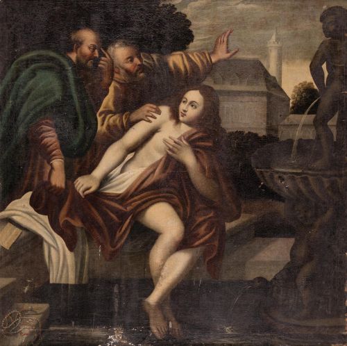 ESCUELA ESPAÑOLA, "Susana y los viejos", Óleo sobre lienzo.