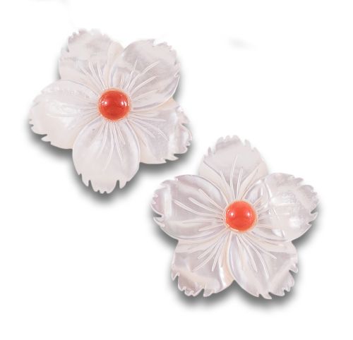 PENDIENTES FLORES DE NÁCAR Y CORAL, EN PLATA