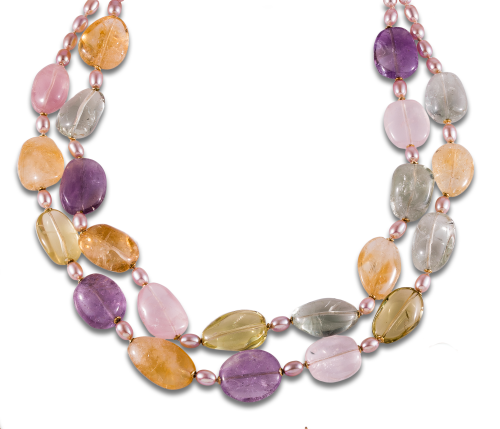 COLLAR DE DOS HILOS DE AMATISTAS, CUARZOS Y PERLAS, EN PLAT