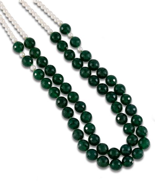 COLLAR DE DOS HILOS DE PERLAS Y ÁGATA VERDE, CIERRE EN PLAT