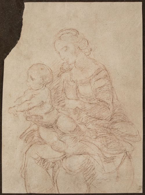 ESCUELA ESPAÑOLA, "La Virgen con el Niño", Lapiz sepia sob