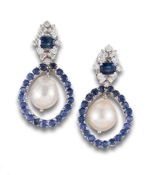 LONG DIAMONDS, SAPPHIRES AND PEARLS EARRINGS IN WHITE GOLD