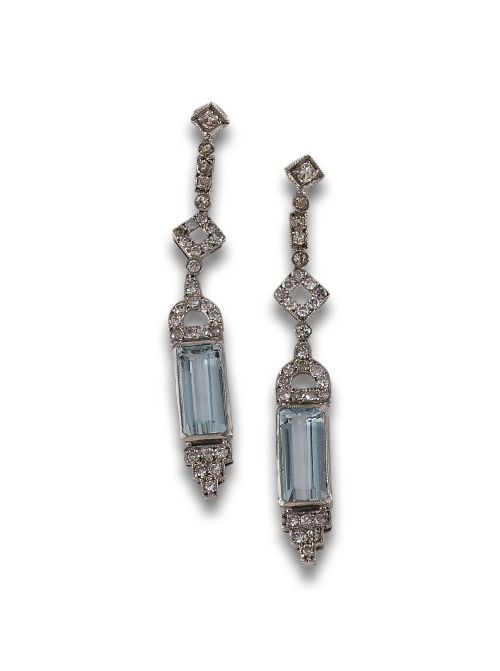 Long, art deco style, diamond and aquamarine earrings in pl