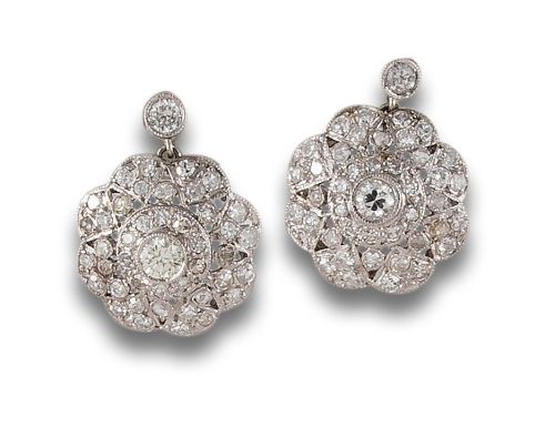 PENDIENTES COLGANTES, ESTILO ANTIGUO, DE DIAMANTES, EN PLAT