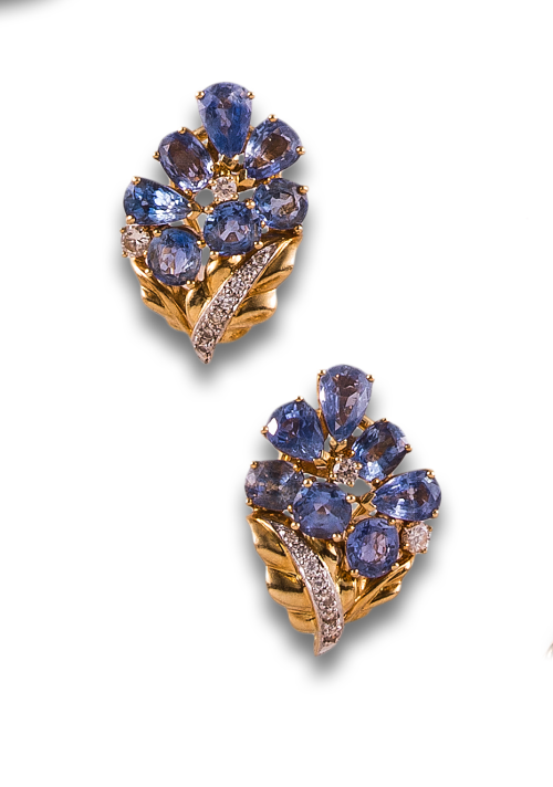 PENDIENTES EN ORO CON ZAFIROS Y DIAMANTES
