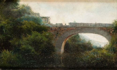 MANUEL SALCES, "Paisaje con puente", c.1916, Óleo sobre tab
