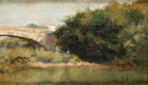 MANUEL SALCES, "Paisaje con rio y puente", 1916, Óleo sobre