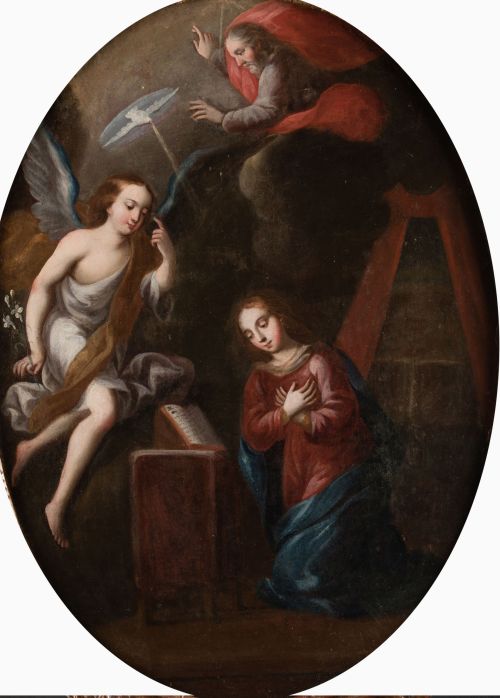 ESCUELA VIRREINAL , "La Anunciación", Óleo sobre lienzo. (Ó