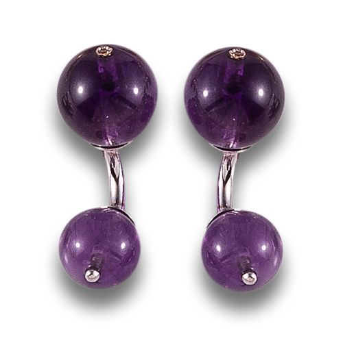 DOUBLE CUFFLINKS WITH AMETHYST AND PINK SAPPHIRE CABOCHONS,